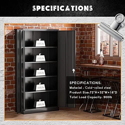 Greenvelly Metal Storage Cabinet 72β Black Garage Steel Locking Cabinet With Doors And 4 Adjustable Shelves, Tall Tool Cabinets Lockable File Cabinet For Home Office, Metal Classroom Cabinet Basement - Image 4