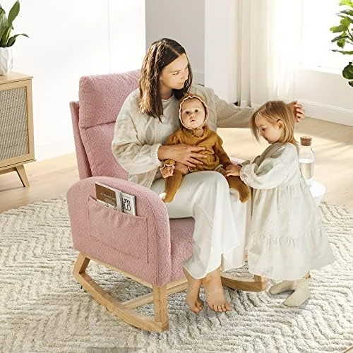 Nursery Rocking Glider Chair, Modern Fabric Tall Back Accent Rocker Chair Upholstered Arm Chair W/Side Pockets, Modern Leisure Single Sofa For Living Room, Hotel, Bedroom, Office, Beige - Image 10