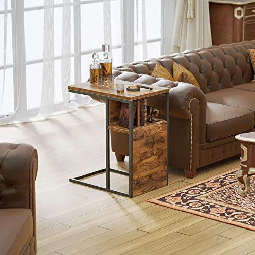 Cubiker End Table, C Shaped Reversible Side Table With Wooden Shelf, Snack Side Table For Living Room, End Table For Sofa Couch And Bed, Metal Frame Nightstand Deep Brown - Image 5