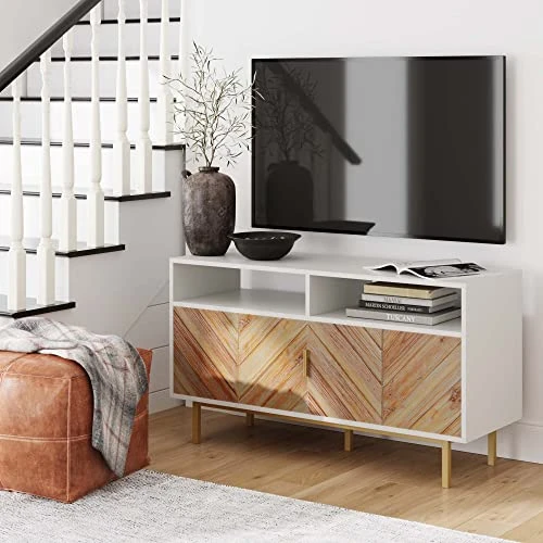 Nathan James Izsak Media Console, Brown/White/Gold & Enloe Modern Storage, Free Standing Accent Cabinet With Doors In A Rustic Fir Wood Finish Powder-Coated Metal Base, White/Gold - Image 3