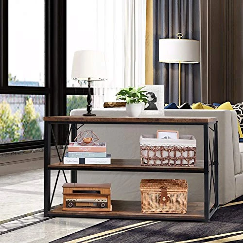 Usinso 47β'TV Stand Console Sofa Table & Industrial Console Table 3-Tier Rustic Console Entryway/Hallway Table For Living Room, Open Bookshelf In Bedroom Entryway,Brown Oak - Image 3