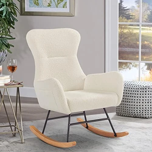 KINFFICT Accent Rocking Chair, Velvet Tufted Upholstered Glider Rocker For Nursery, Comfy Armchair With Side Pockets, Modern Lounge Arm Chair For Living Room, Bedroom (Velvet Off White) - Image 9