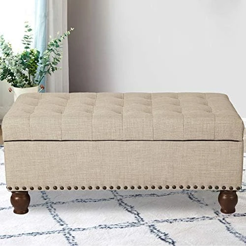 Asense Linen Fabric Rectangle Tufted Lift Top Storage Ottoman Bench, Footstool With Solid Wood Legs Upholstered Storage Bench (Noble Beige) - Image 9