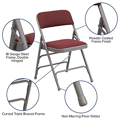 EMMA + OLIVER 2 Pack Curved Triple Braced Burgundy Patterned Fabric Metal Folding Chair - Image 3