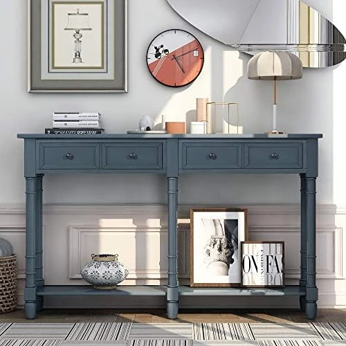 48'' Solid Wood Console Table, Modern Entryway Sofa Side Table With 3 Storage Drawers And 2 Shelves. Easy To Assemble (Blue) - Image 7