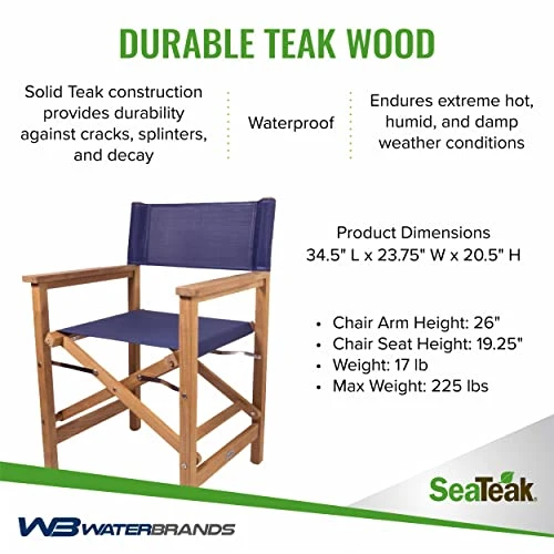 SeaTeak Director's Chair | With DURASLING Fabric Seat Cover | Foldable Director’s Chair | Blue | 34.5" L X 23.75" W X 20.5" H - Image 4