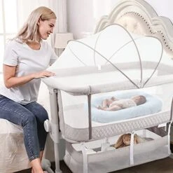 HAHASOLE Baby Bassinet, 3 In 1 Bassinet Bedside Sleeper, Bedside Crib With Mosquito Net, Mattress, 2 Bassinet Sheets & 6 Height Adjustable, Easy Folding Portable Travel Bassinet Crib For Baby