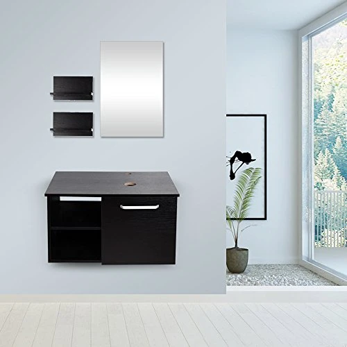 Puluomis Wall Mounted Bathroom Vanity, Double Wood Side Shelves With Mirror, 1-Door And 2-Shelves, Black Finish, 28-Inch - Image 7