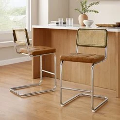 Art Leon Rattan Bar Stools Set Of 2, Oak Back Frame, Modern 26 Inch Counter Height Bar Stools, Armless Rattan Mesh Back Kitchen Chairs, PU Leather Bar Chair Stools For Kitchen Counter, Yellow Brown