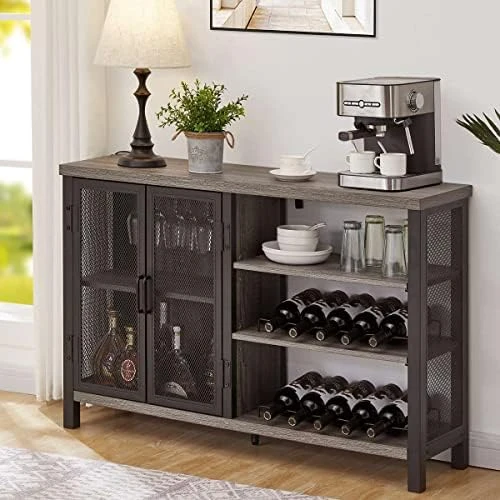 BON AUGURE Industrial Bar Cabinet For Liquor And Glasses, Rustic Metal Black Wine Bar With Bottle Rack And Stemware Rack, Free Standing Coffee Bar Cabinet For Home (Dark Grey Oak, 47 Inch) - Image 8