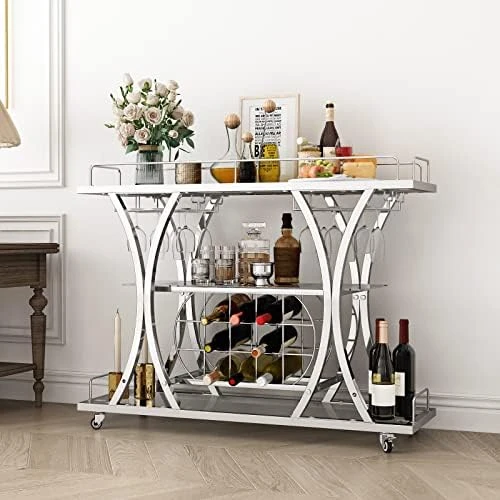 FABOMEI Silver Bar Carts With Glass Holders & Wine Rack,3 Tier Home Bar Serving Carts With Glass Shelves,Metal Rolling Bar Carts For The Home Kitchen, Party - Image 6