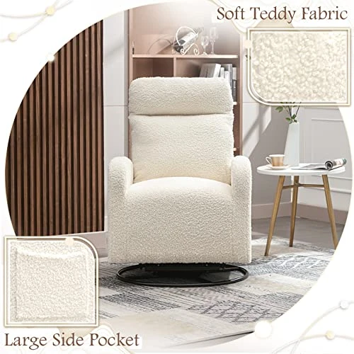 KINFFICT Modern Swivel Glider Chair, Upholstered Accent Glider Rocker For Baby Nursery, Comfy Tall Back Rocking Armchair With Side Pocket And Headrest For Living Room, Bedroom, White Teddy Fabric - Image 4