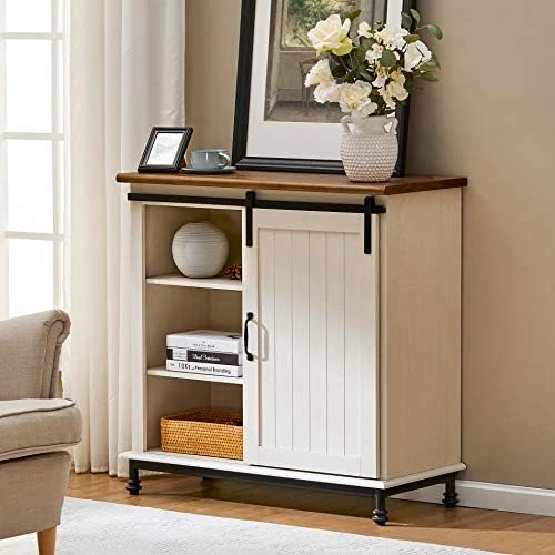 WAMPAT Storage Cabinet With Sliding Barn Door,Decorative Farmhouse Buffet Cabinet Coffee Bar Cabinet Accent Cabinet Entryway Storage Table For Living Room,Bathroom And Kitchen,Metal Feet,35 Inch,White - Image 5