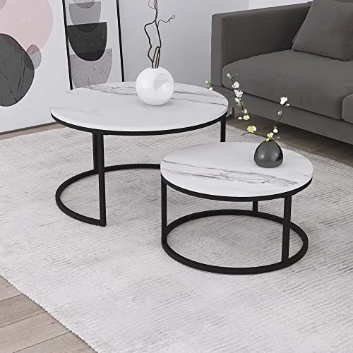 Modern Nesting Coffee Tables Set Of 2, Jepwe Round Coffee Table Faux Marble Tabletop Powder Coated Metal Frame Mid Century Wooden Accent Side Tables For Living Room Bedroom Office Balcony, White/Black - Image 3