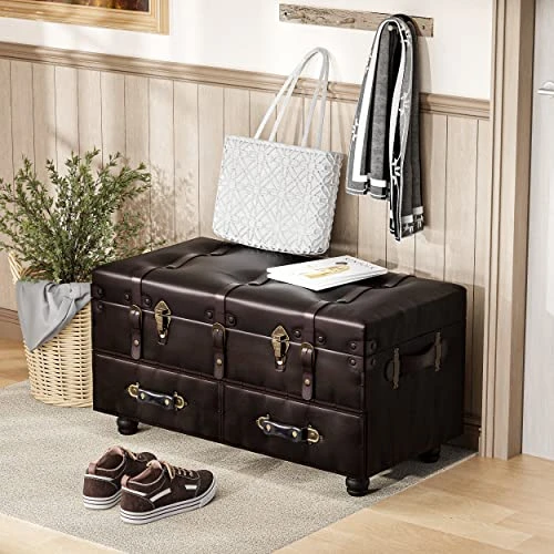 LONYKE Vintage Treasure Chest Bench With Latch Closure And Buckle Trunk, Farmhouse Faux Leather Storage Ottoman Bench For Living Room, Entryway, Bedroom, Sponge Padded ,Black Brown