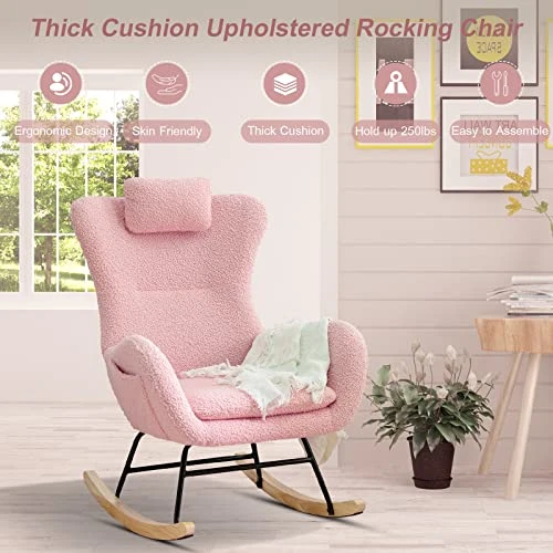 Kvutx Teddy Upholstered Nursery Rocking Chair - Comfy Pink Glider Rocker With Padded Seat, High Backrest, And Armrests For Living Room Bedroom Offices (Pink) - Image 5