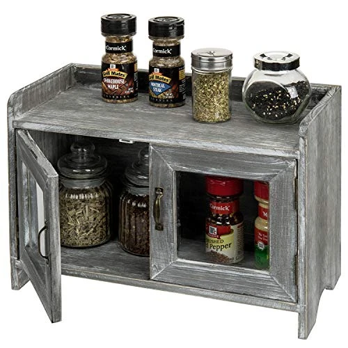 MyGift Rustic Gray Whitewashed Wood Kitchen/Bathroom Counter Top Storage Cabinet With Glass Windows