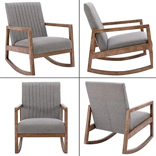 RIVOVA Modern Fabric Accent Rocking Chair, Upholstered Nursery Glider Rocker, Mid Century Lounge Arm Chair For Reading Living Room Bedroom Office, Grey - Image 6
