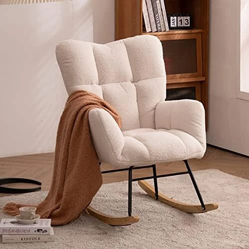 Krinana Teddy Fabric Nursery Rocking Chair, Rocker Armchair With Solid Wood Legs, Glider Chair Nursery With High Backrest For Living Room Apartment (Teddy Fabric,Green) - Image 8