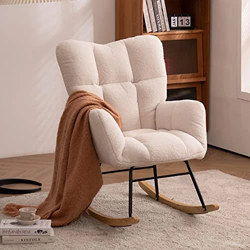 Krinana Teddy Fabric Nursery Rocking Chair, Rocker Armchair With Solid Wood Legs, Glider Chair Nursery With High Backrest For Living Room Apartment (Teddy Fabric, Ivory White)