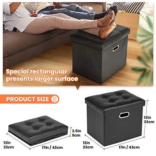 COSYLAND Ottoman With Storage Folding Leather Ottoman Footrest Foot Stool Black Ottoman For Room Small Rectangle Collapsible Bench Furniture With Handles Lid Toy Chest 17x13x13in - Image 3