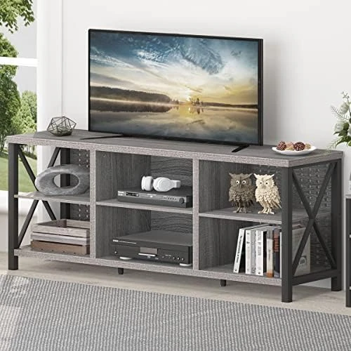 LVB Rustic Entertainment Center For 65 Inch TV, Industrial Wood And Metal TV Stand With Storage Shelf, Modern Television Media Console Table With Cabinet For Living Room Bedroom, Rustic Oak, 55 Inch - Image 6
