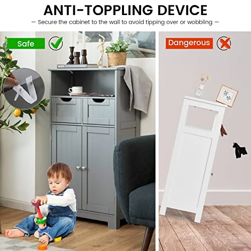 COSTWAY Bathroom Storage Cabinet, Freestanding Storage Organizer With 2 Drawers & Adjustable Shelf, Wooden Floor Cabinet For Living Room, Bedroom, Kitchen, Entryway (Gray) - Image 5