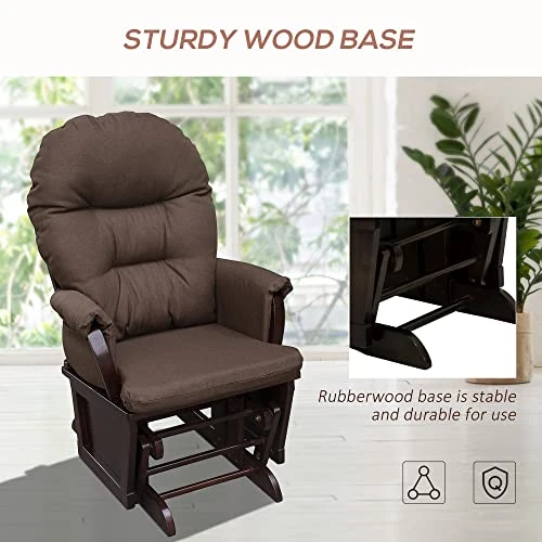 HOMCOM Nursery Glider Rocking Chair With Ottoman, Thick Padded Cushion Seating And Wood Base, Brown - Image 6