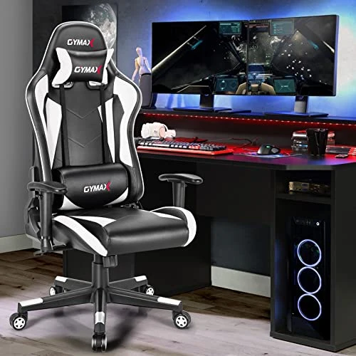 GYMAX Computer Gaming Chair, Racing Style Office Chair With Adjustable Lumbar Support Headrest, 360° Swivel, Height Adjustable Ergonomic Reclining Gaming Chair For Home Office Leisure Room (White) - Image 2
