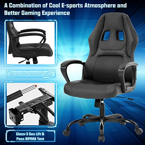 Gaming Chair PC Computer Chair Office Chair For Adult Teen Kids, Ergonomic PU Leather Gamer Chair With Lumbar Support High Back Adjustable Rolling Swivel Desk Chair, Black - Image 5