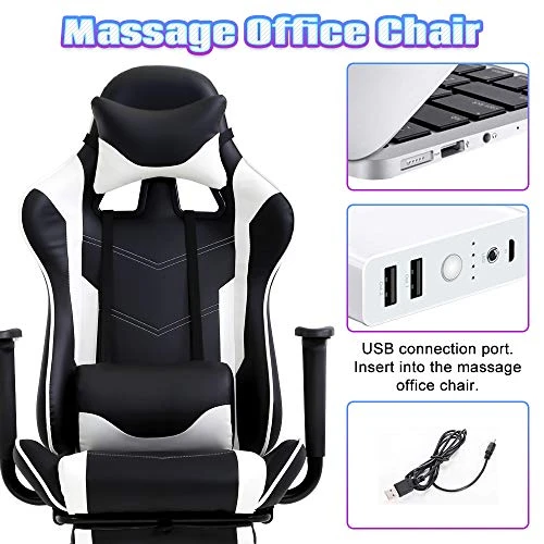 Gaming Chair High Back Computer Gaming Chair With Footrest, Ergonomic Game Chair PU Leather Racing Office Chair Adjustable Task Chair W/Headrest Armrest & Massage Function Lumbar Support-White
