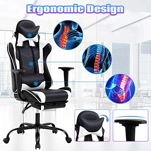 Gaming Chair High Back Computer Gaming Chair With Footrest, Ergonomic Game Chair PU Leather Racing Office Chair Adjustable Task Chair W/Headrest Armrest & Massage Function Lumbar Support-White - Image 2