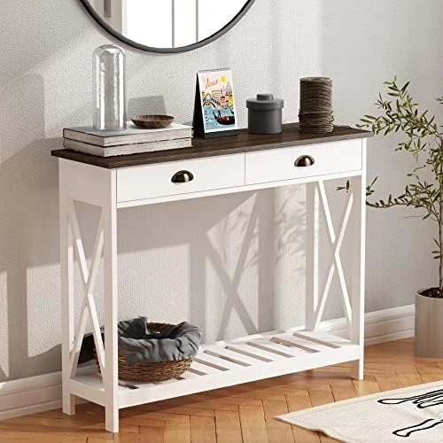 ChooChoo Farmhouse Console Table With Drawer For Entryway, Narrow Long Entry Table With Shelf For Living Room, Rustic Vintage Hallway Sofa Table With Stable X Supports, 40 White - Image 7