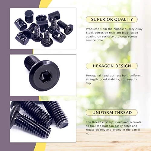 Swpeet 51Pcs Black M6 × 15mm Crib Hardware Screws, Hex Socket Head Cap Crib Baby Bed Bolt And Barrel Nuts With 1 X Allen Wrench Perfect For Furniture, Cots, Crib Screws (M6x15mm) - Image 3