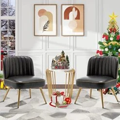 Aklaus Black Leather Accent Chairs Set Of 2 With Large Seat For Living Room Bedroom Upholstered Single Sofa Chair Arm Chair Comfy Side Chairs Coffee Chair With Metal Legs