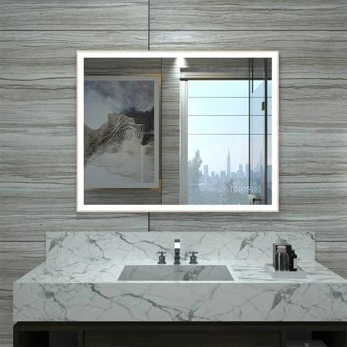HAUSCHEN HOME 32 X 40 Inch LED Bathroom Mirror, Aluminum Frame With Wooden Effect, Wall Mounted Dimmable Vanity Mirror, Anti-Fog, 3-Color Warm/Natural/White Light, Horizonal & Vertical - Image 8