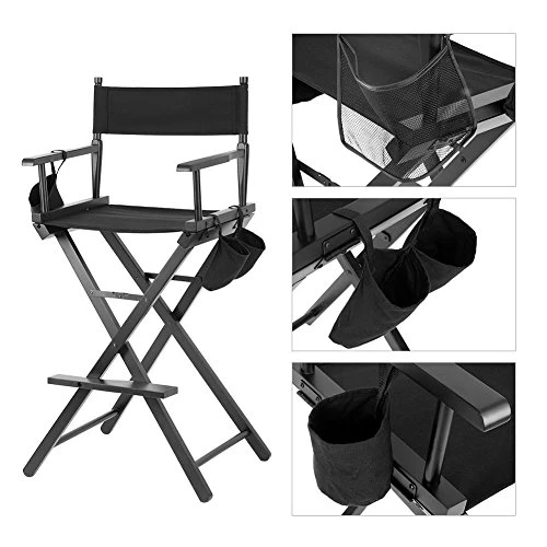 Foldable Makeup Director Chair, Tall Artist Professional Directors Chair With Storage Bag Cup Holder-Black - Image 4