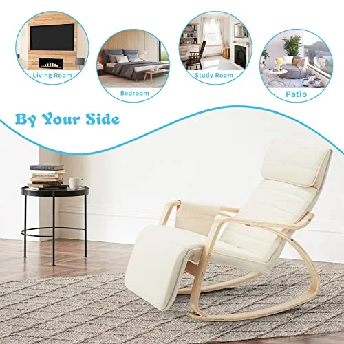 JOMEED Rocking Chair, Rocking Armchair With Fabric Padded Seat,Wooden Based, Adjustable Footrest For Living Room, Bedroom, Balcony, Nursery Room - Image 5