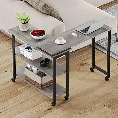 IDEALHOUSE 360° Rotatable Sofa Side Table Mobile End Table With 2-Tier Storage Shelves, Movable Laptop Table With Sturdy Metal Frame /6 Universal Casters, Couch Snack Table For Home (Rustic Brown) - Image 5