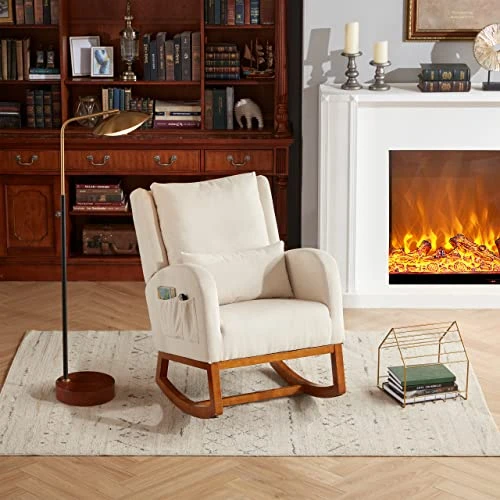 Iroomy Modern Accent Upholstered Rocking Glider Rocker High Back Arm Chair W/2 Side Pockets, Indoor For Living Room/Bedroom/Nursery-Beige - Image 3