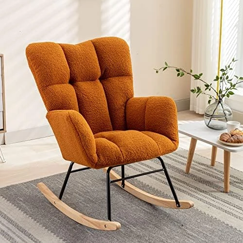 Krinana Teddy Fabric Nursery Rocking Chair, Rocker Armchair With Solid Wood Legs, Glider Chair Nursery With High Backrest For Living Room Apartment (Teddy Fabric,Green) - Image 10