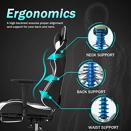 OffiClever Ergonomic Office Leather Adjustable And Swivel Reclining High Back Computer Chair With Lumbar Support And Headrest, White - Image 4