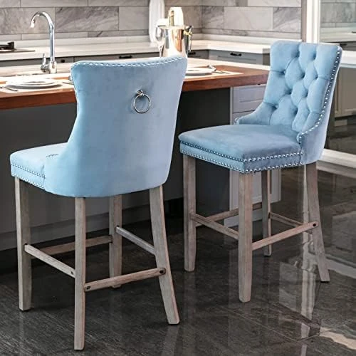 LZ LEISURE ZONE Counter Height Bar Chairs Set Of 2, Velvet Upholstered Bar Stools With Button Tufted Decoration, Chrome Nailhead Trim And Back Ring, Seat Height 27.2" (Light Blue) - Image 13