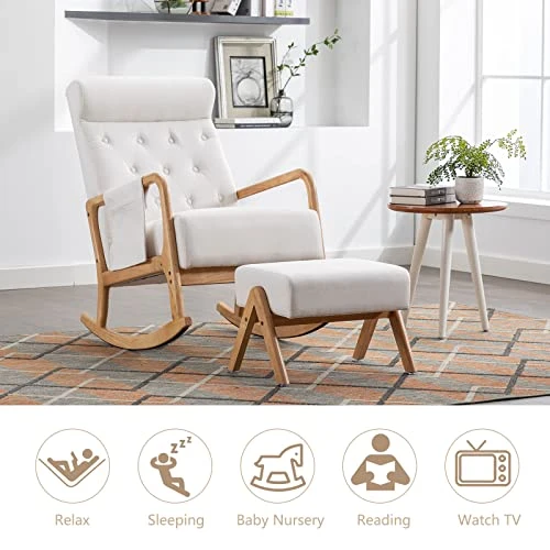 GNIXUU Glider Chair With Ottoman, Rocking Chair For Nursery, Upholstered Fabric Rocking Armchair Indoor With High Backrest For Living Room(Beige) - Image 2
