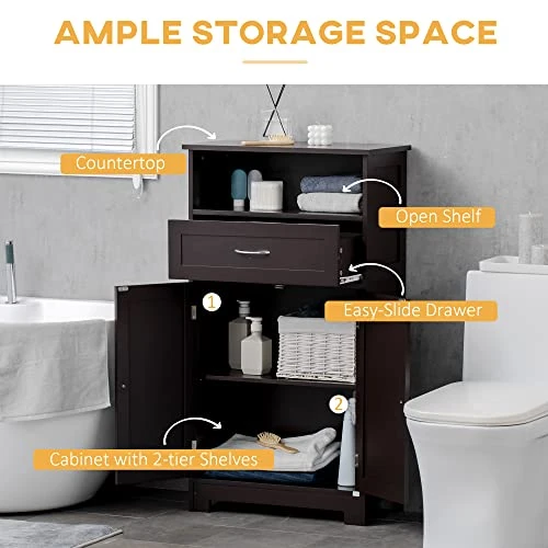 Kleankin Modern Bathroom Floor Cabinet, Free Standing Storage Cupboard, Linen Cabinet With Drawer And Adjustable Shelf, Brown - Image 4