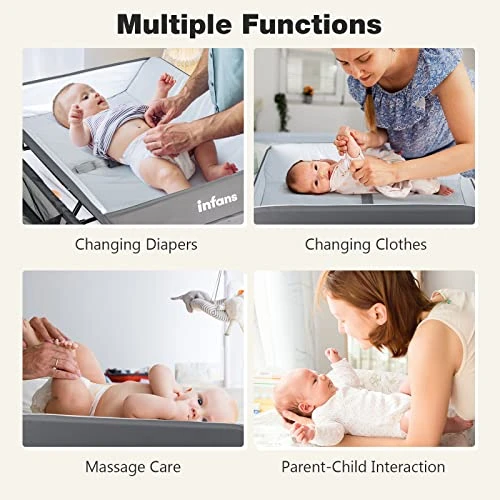 INFANS Baby Changing Table, Folding Diaper Station Portable Nursery Organizer With Safety Belt And Large Storage Racks For Newborn Baby And Infant (Grey) - Image 3