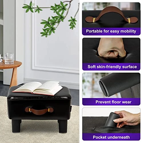 H&B Luxuries Footstool Small Ottoman, PU Leather Small Ottoman Foot Rest,16.14" Extended Rectangular Footstool With Carry,Ottoman For Living Room, Bedroom, Couch,Patio,Cloakroom (Black) - Image 5
