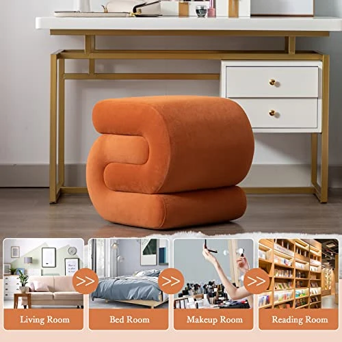 LETESA Modern Velvet Upholstered Ottoman, Exquisite Small End Table, Soft Foot Stool With S-Shape, Dressing Makeup Chair, Comfortable Seat For Living Room, Bedroom, Entrance (Orange, S-Shape) - Image 4