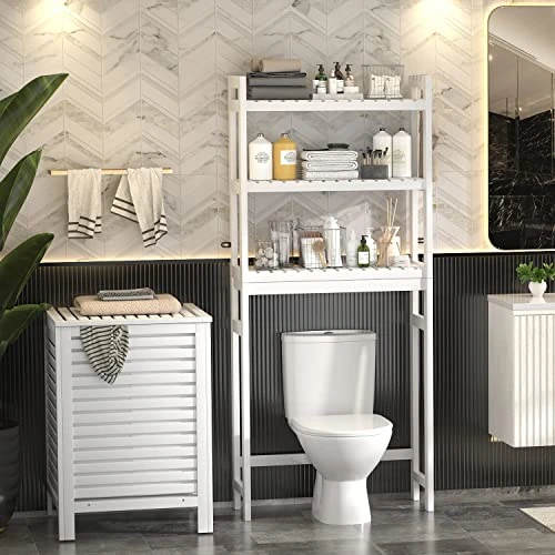 Homykic Over The Toilet Storage, Bamboo 3-Tier Over-The-Toilet Space Saver Organizer Rack, Stable Freestanding Above Toilet Stand With 3 Hooks For Bathroom, Restroom, Laundry, White - Image 4