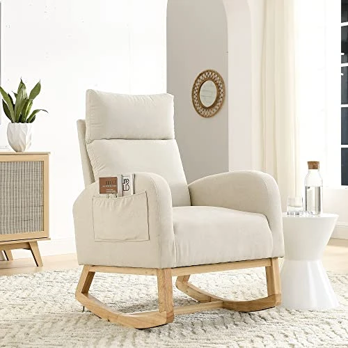 Krinana Nursery Rocking Chair With Solid Wood Legs, Glider Chair For Nursery With Two Side Pockets, Rocker Armchair For Living Room Bedroom (Beige, Linen Fabric) - Image 2